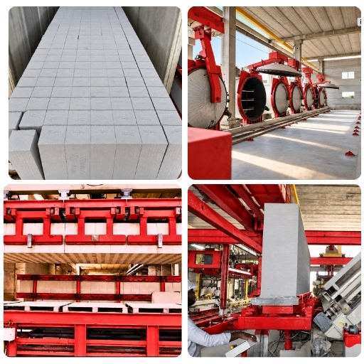 AAC BLOCKS image Collage of stacked AAC blocks, autoclaves and AAC plant machinery