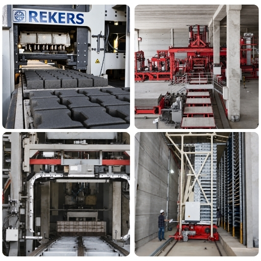 PAVERS PRODUCTS img Collage of paver plant machinery, including a Rekers block press
