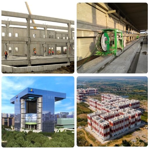 PRECAST PRODUCTS Collage of precast structures, a slab extruder and completed buildings
